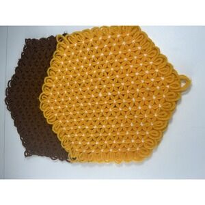 Vintage 80's 90's‎ Placemats Bright Yellow And Brown Handmade  Crochet Hotpads